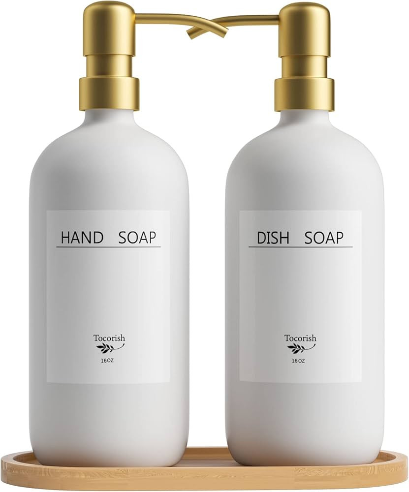 Dish Soap Dispenser Bathroom - 16oz Glass Hand Soap Dispenser with Stainless Steel Pump Bamboo Tr... | Amazon (US)