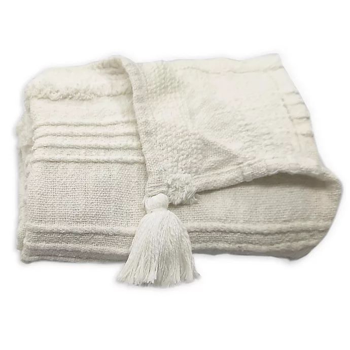 Bee & Willow™ Home Textured Stripe Fringe Throw Blanket in White | Bed Bath & Beyond