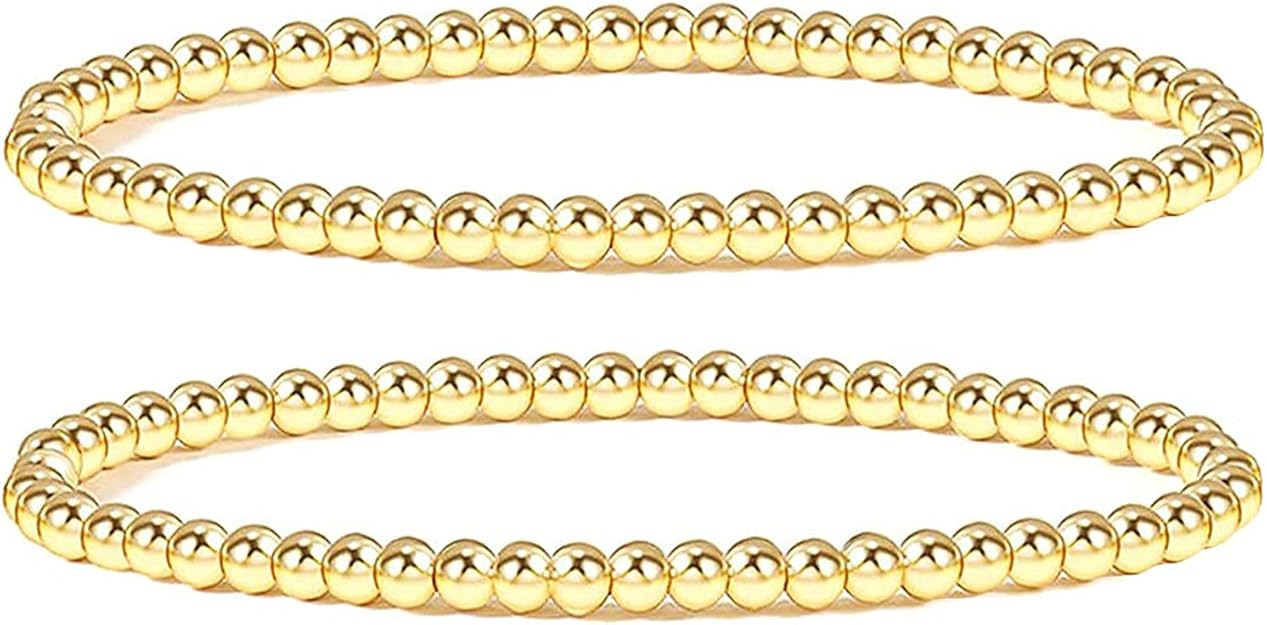 Reoxvo Gold Beaded Bracelets for Women Non Tarnish Stack 14K Gold Plated Stretch Elastic Bead Bal... | Amazon (US)