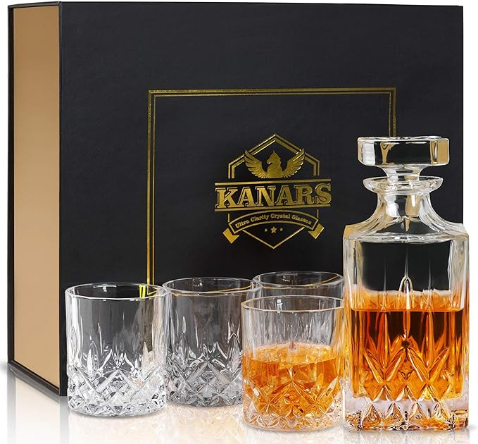 KANARS Whiskey Decanter And Glasses Set in Unique Gift Box - Original Crystal Liquor Decanter Set... | Amazon (US)