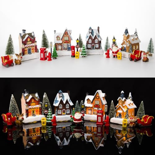 Christmas Village Sets, Resin Christmas Village Houses with LED Light, Christmas Town Scene Figurines Building Sets Christmas Indoor Decor Collection Buildings | Amazon (US)