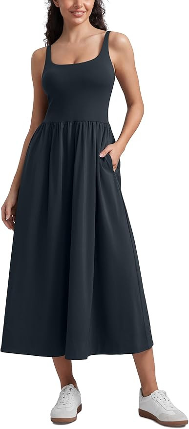 CRZ YOGA Square Neck Maxi Casual Dress | Removable Pads, Flowy, Side Pockets, Travel, Sleeveless,... | Amazon (US)