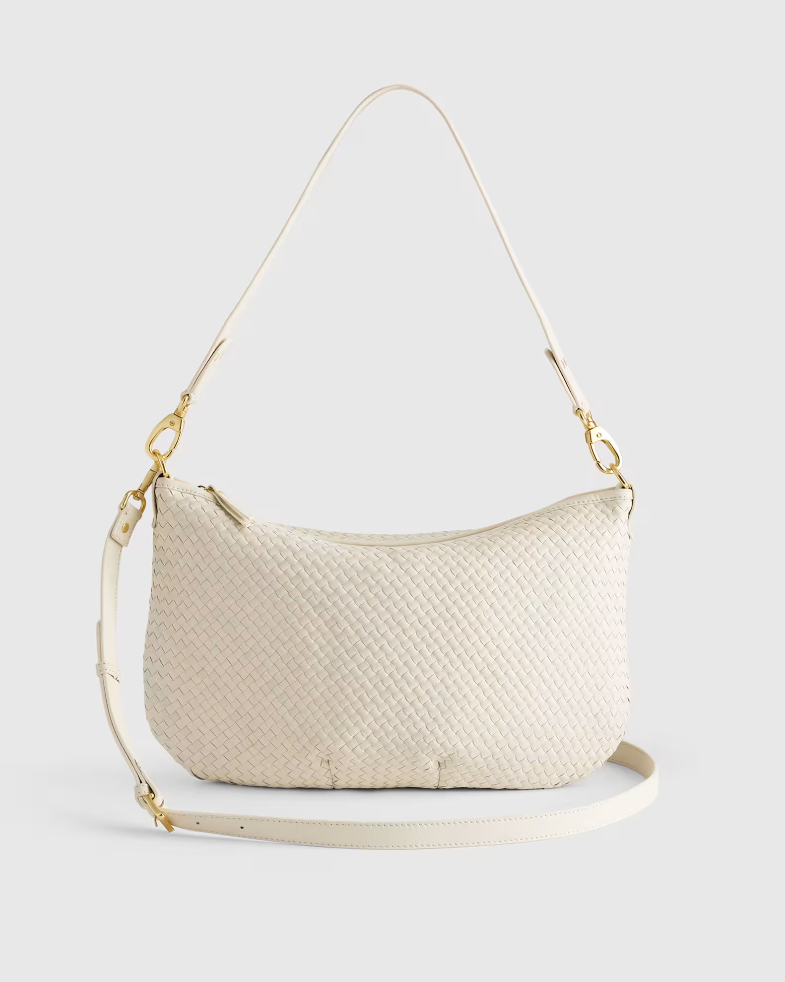 Italian Leather Convertible Crescent Handwoven Shoulder Bag in Bone | Quince
