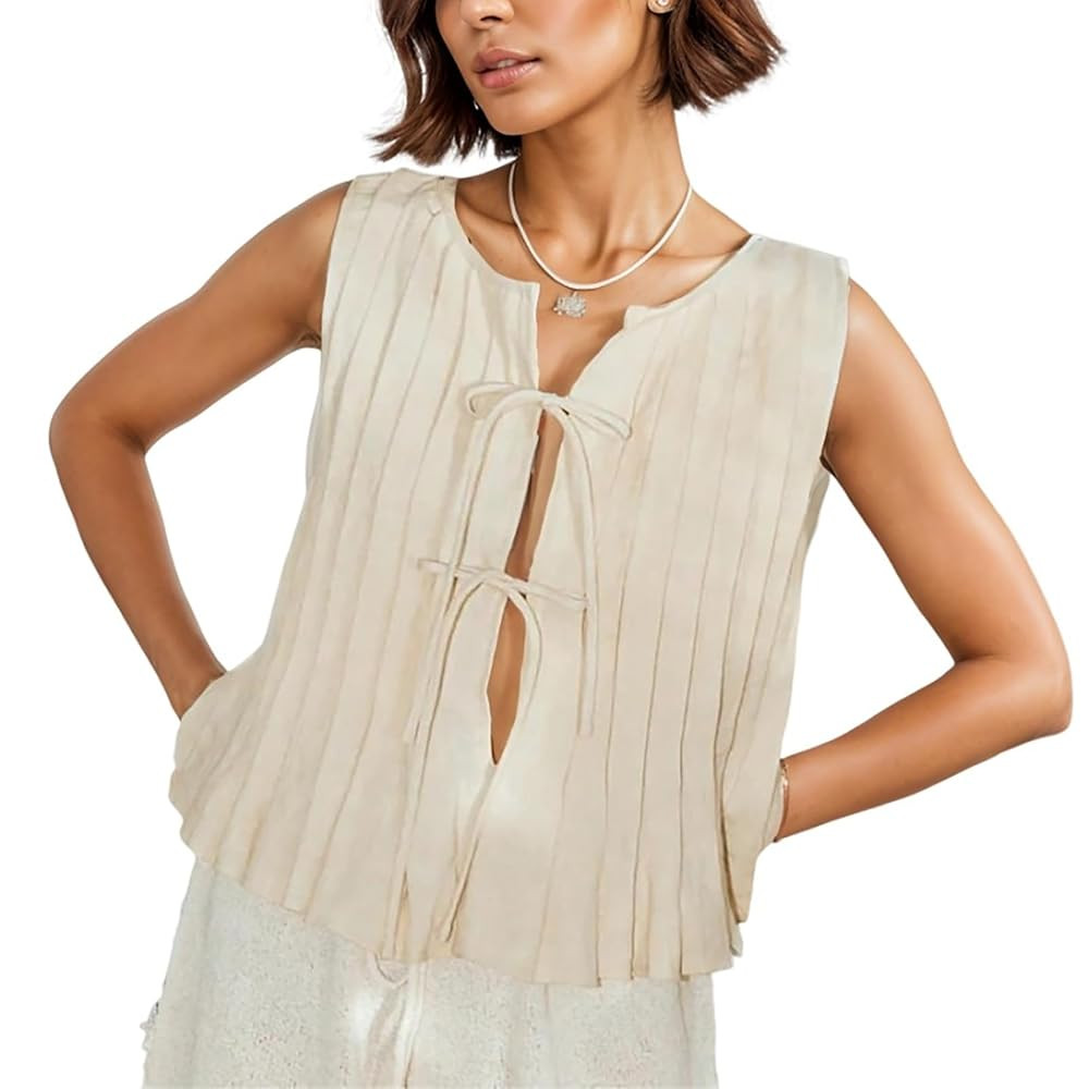 Tie Front Hollow Out Tank Tops for Women Y2K Pleated Ruffle Hem Linen Top Coquette Summer Going O... | Amazon (US)