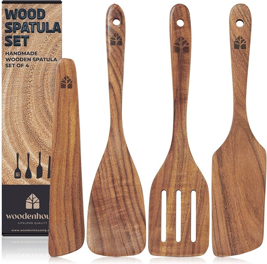 Wooden Spatula for Cooking, Kitchen Set of 4, Natural Teak Wooden Utensils including Paddle, Turn... | Amazon (US)