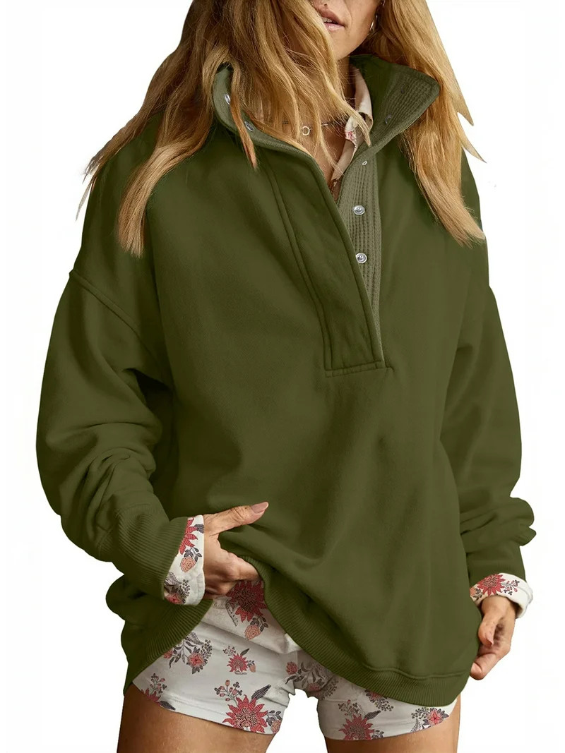 SHEWIN Sweatshirt for Women Oversized Casual Long Sleeve Quarter Button Henley Neck Pullover Tops... | Walmart (US)