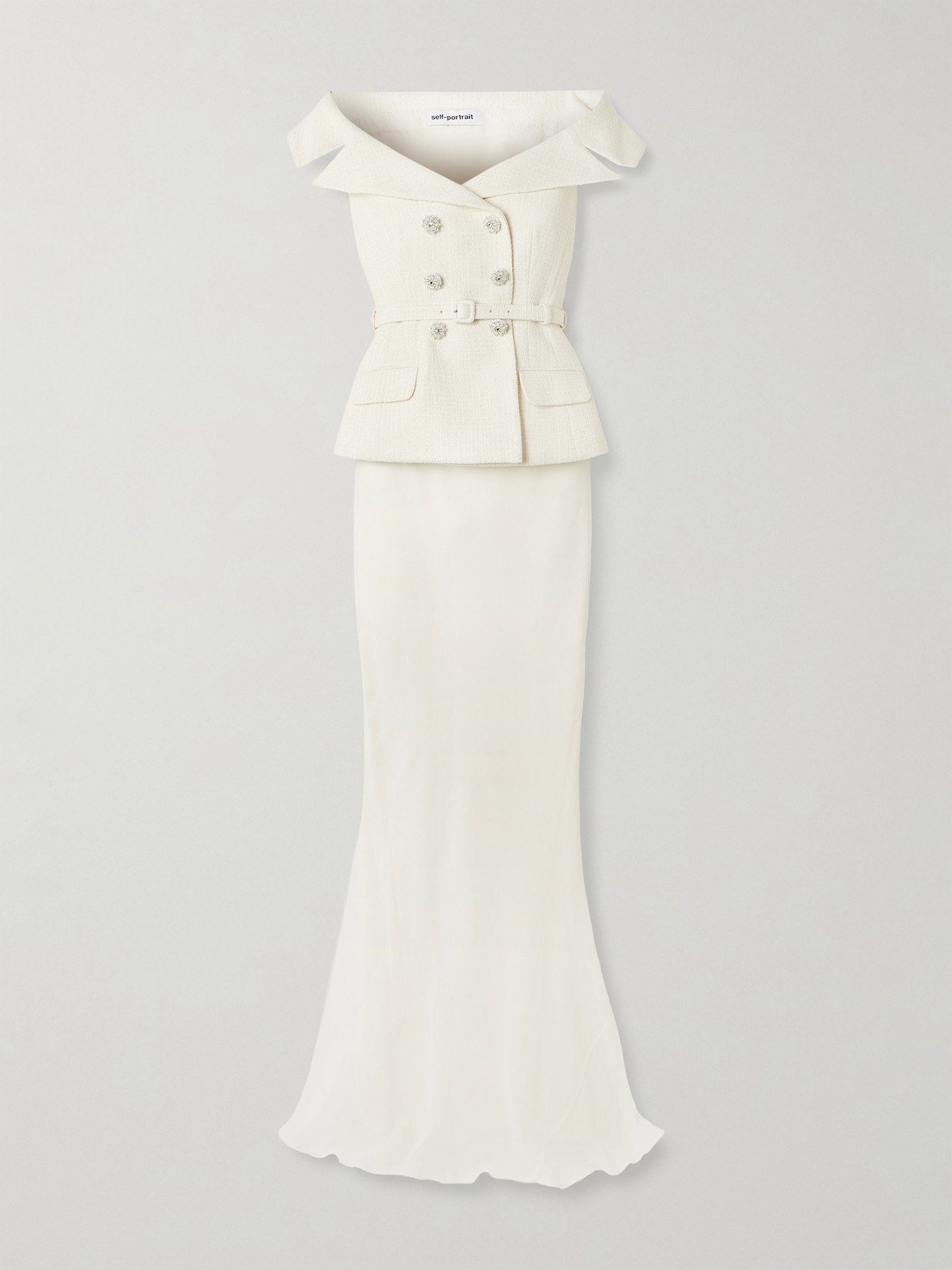 Self-Portrait - Off-the-shoulder Belted Metallic Bouclé And Crepe Maxi Dress - Cream | NET-A-PORTER (US)