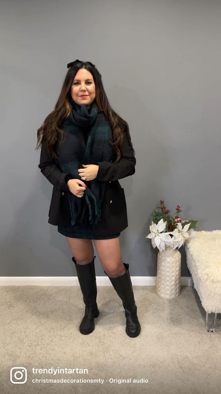 Winter outfit, holiday outfit, Christmas outfit, black watch plaid scarf, rubber boots, tall boots, wide calf boots, plaid oversized blanket scarf, black oversized blazer, plaid hair bow, black sheer tights, plaid mini skirt on sale for 25% off!!

#LTKxAF #LTKSeasonal #LTKHoliday