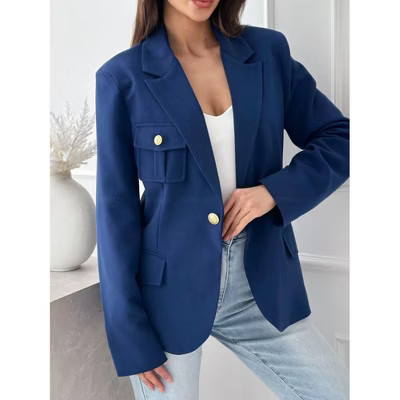 Womens Blazer Long Sleeve Double Breasted Pocket Blazer Jackets Navy Blue S | Target