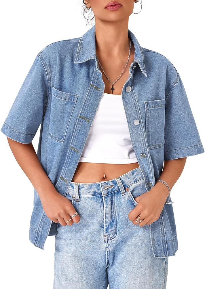 MEROKEETY Women's Short Sleeve Button Down Denim Shirt V Neck Oversized Casual Collared Tunic Top... | Amazon (US)