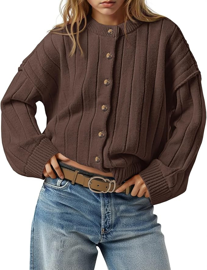 Saodimallsu Womens Open Front Cardigan Sweaters Button Down Knit Long Sleeve Crewneck Casual Loos... | Amazon (US)