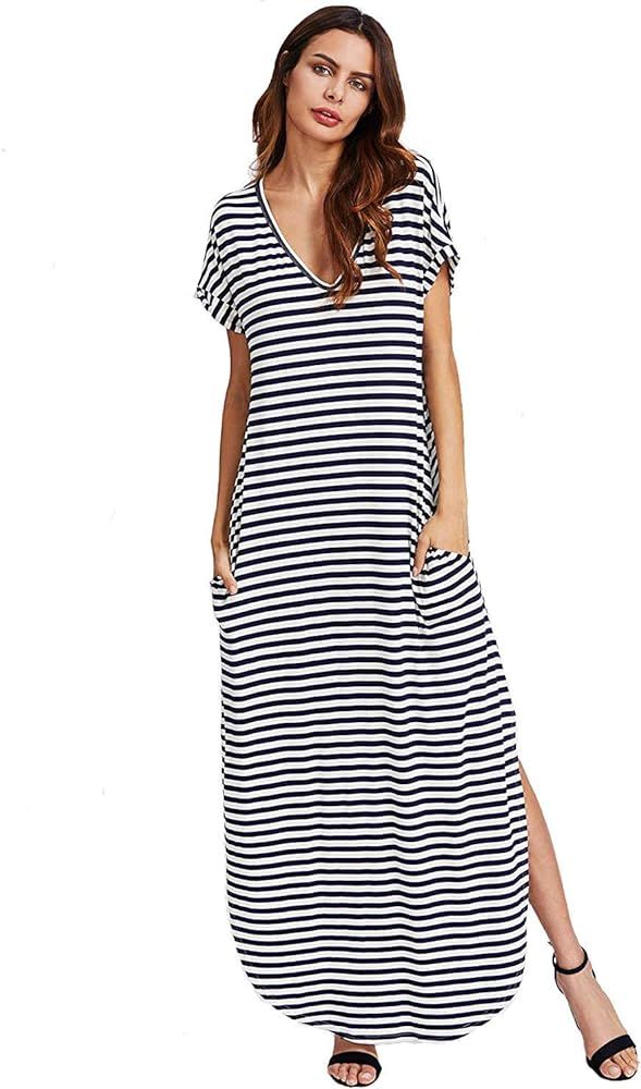 Women's V Neck Side Pockets Split Hem Beach Long Maxi Dress | Amazon (US)