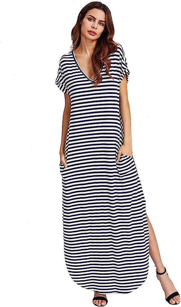 Women's V Neck Side Pockets Split Hem Beach Long Maxi Dress | Amazon (US)
