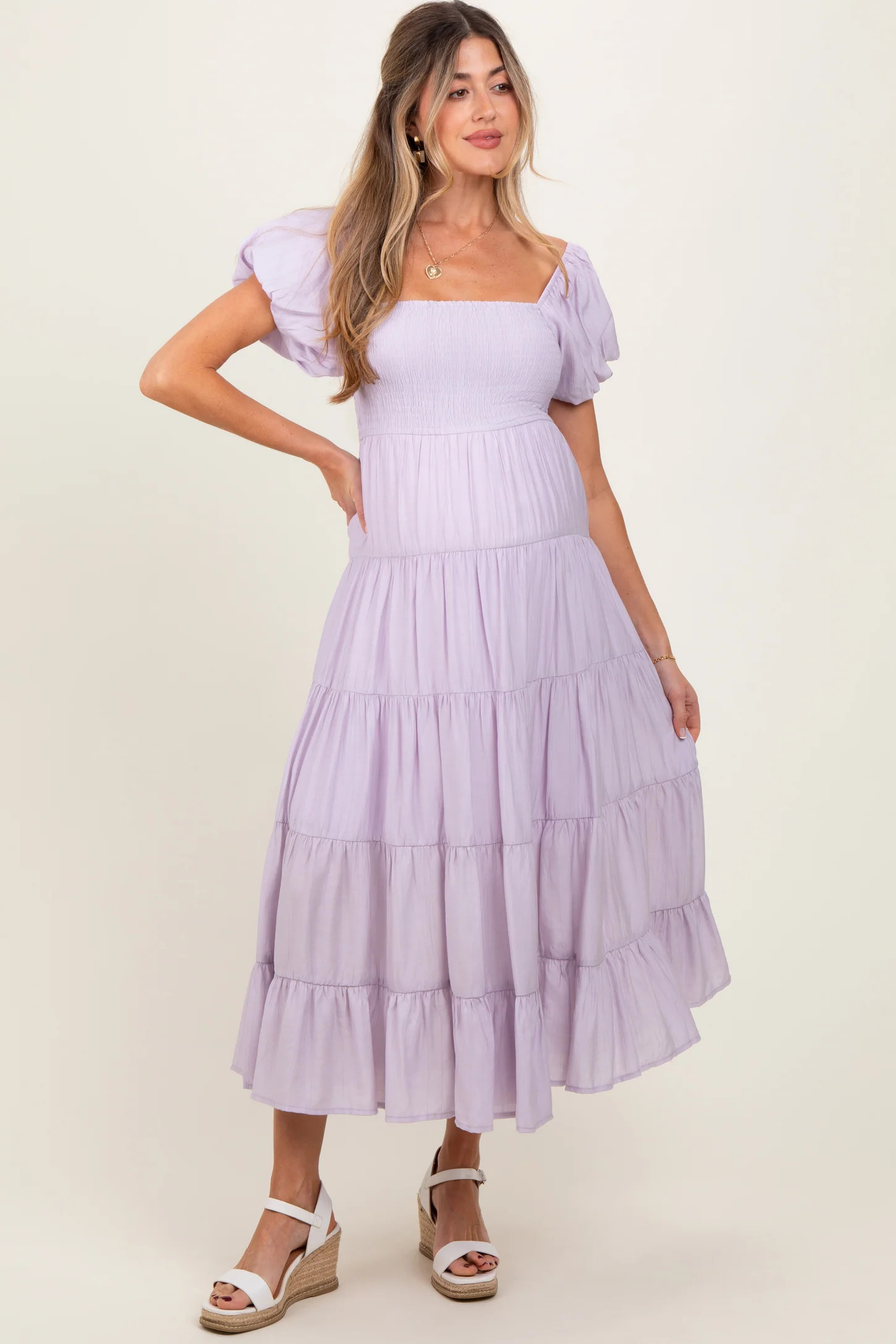 Lavender Smocked Puff Sleeve Tiered Maternity Maxi Dress | PinkBlush Maternity