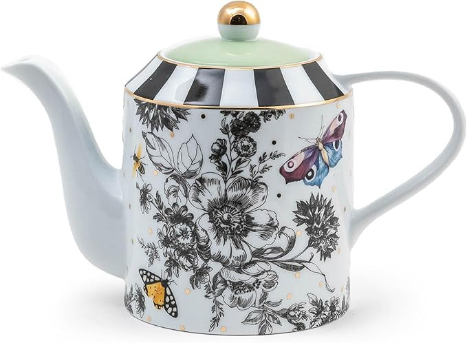 MACKENZIE-CHILDS Ceramic Teapot, Cute Teapot with Lid, 50-Ounce Capacity, Butterfly Toile | Amazon (US)