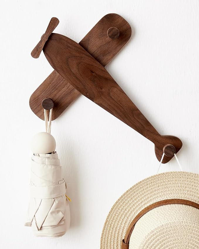 Vinoil Kids Coat Rack Wall Mount, Airplane-Shaped Wooden Wall Coat Hooks for Kids, Cute Walnut Co... | Amazon (US)