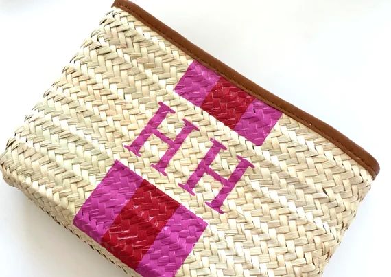 Personalised/Monogrammed Straw Clutch Bag, Leather Trim, Zip Fastening - 'Barcelona' | Etsy (US)