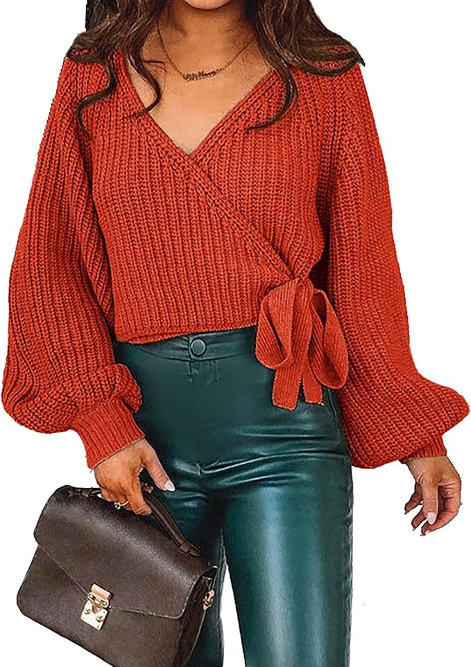 KIRUNDO 2023 Women's Fall Winter Wrap V Neck Sweater Balloon Sleeves Ribbed Knitted Pullover Tie ... | Amazon (US)