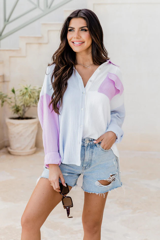 Just So You Know Purple and Blue Colorblock Gauze Button Up FINAL SALE | Pink Lily