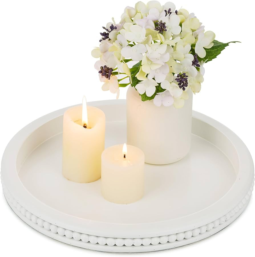 Hanobe Decorative Coffee Table Tray: White Beaded Round Serving Tray Modern Farmhouse Wooden Circ... | Amazon (US)
