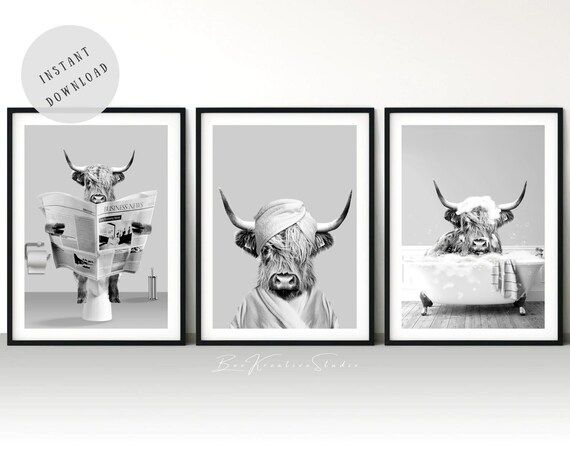Set of 3 Scottish Highland Cow Print  Funny Bathroom Print  | Etsy | Etsy (US)