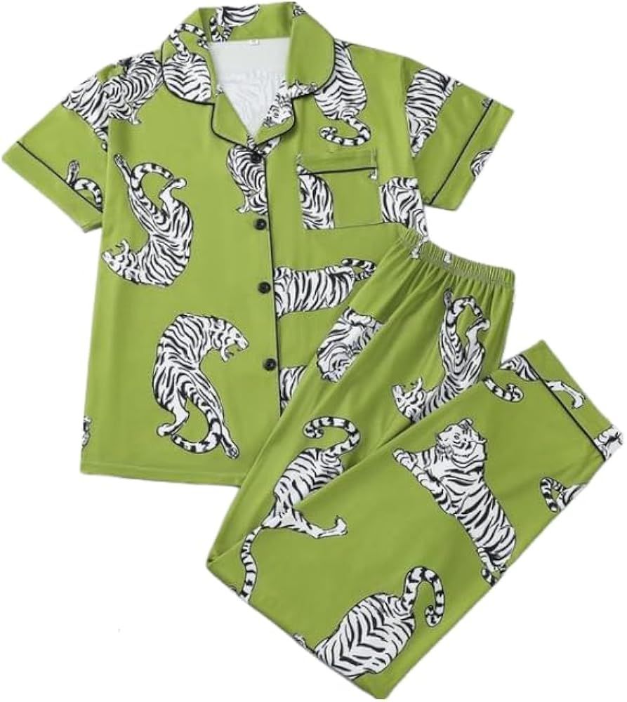 Women's 2pcs Easter Animal Print Pocket Collared Shortsleeve Shirt & Elastic Waist Pants Easter S... | Amazon (US)