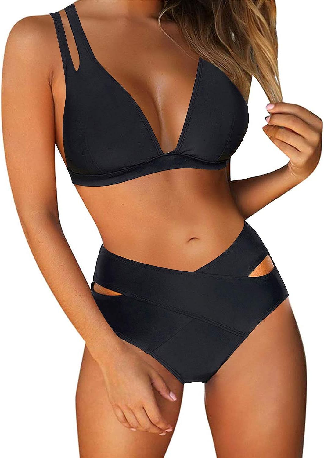LookbookStore Women's Strappy Cutout Triangle Two Piece Bikini Set Swimsuit | Amazon (US)