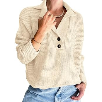 LILLUSORY Women's Snap-Buttons Foldover Collar Henley Knitted Pullover Sweater Tops | Amazon (US)