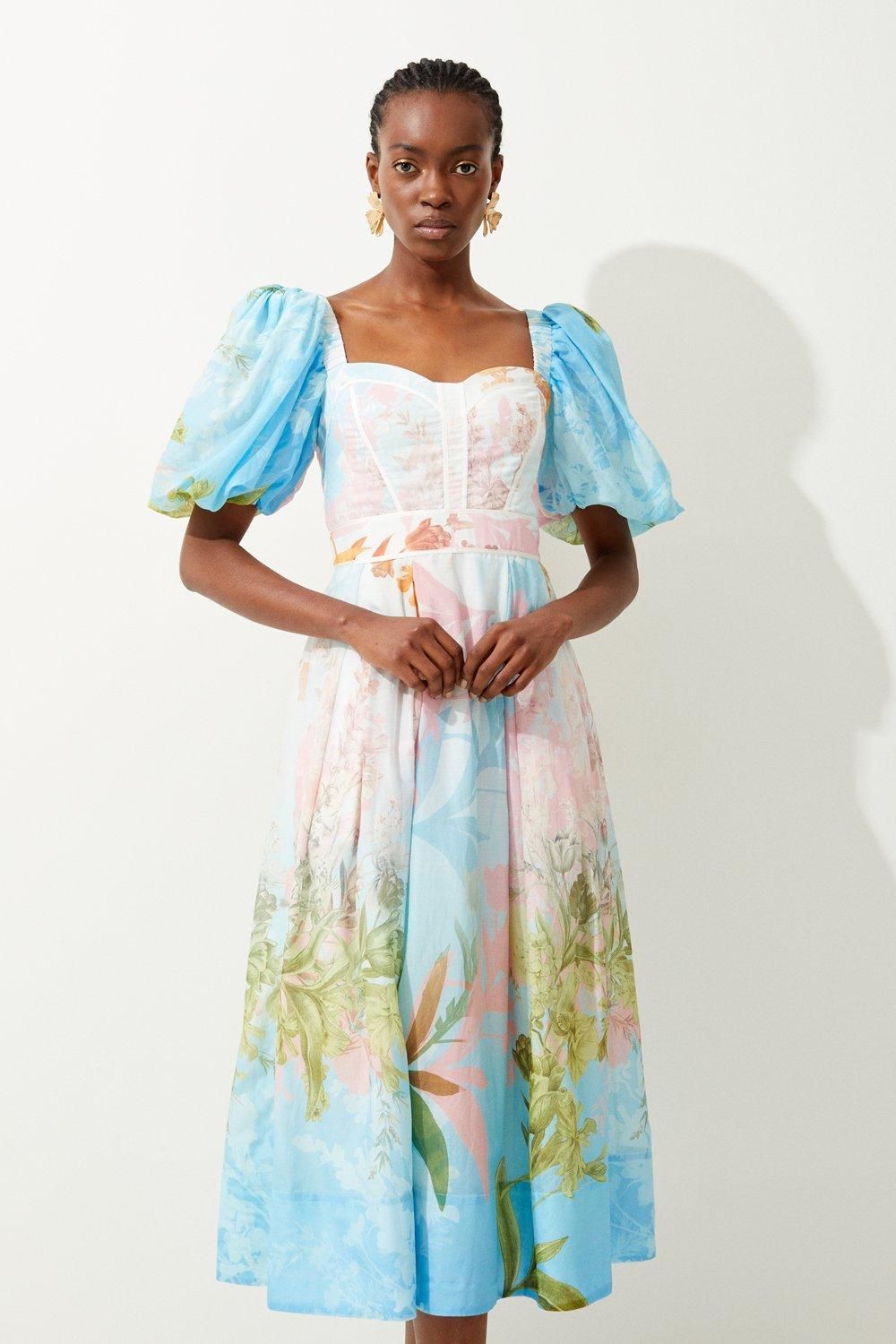 Ombre Botanical Cotton Top Stitch Midi Dress | Karen Millen US