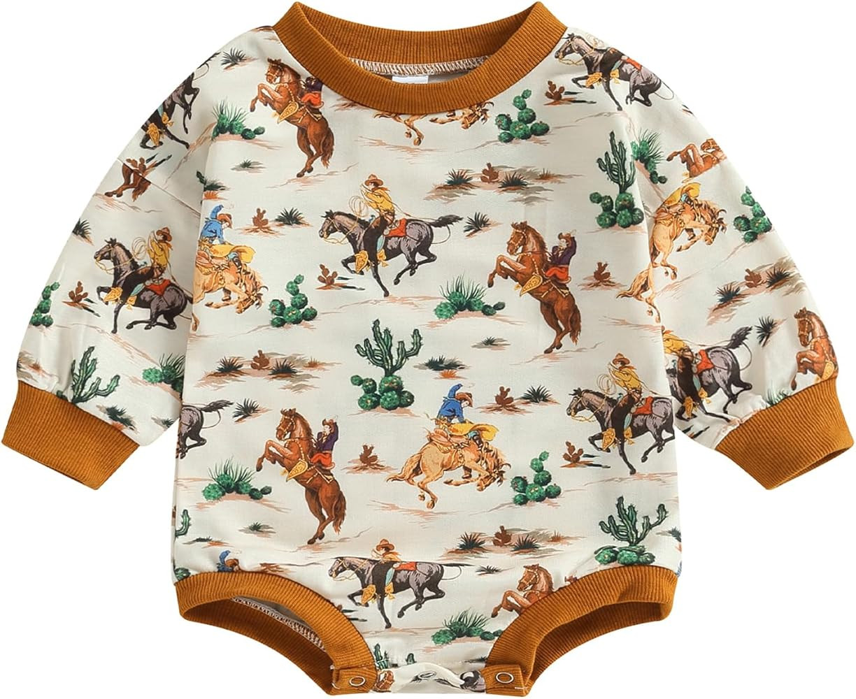 MAINESAKA Newborn Western Cowboy Outfits Baby Girl Boy Sweatshirt Romper Cow Printed Long Sleeve ... | Amazon (US)