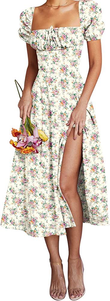 Linsery Women's Puff Sleeve Floral Maxi Dress Elegant Square Neck Cottagecore Boho Split Long Dre... | Amazon (US)