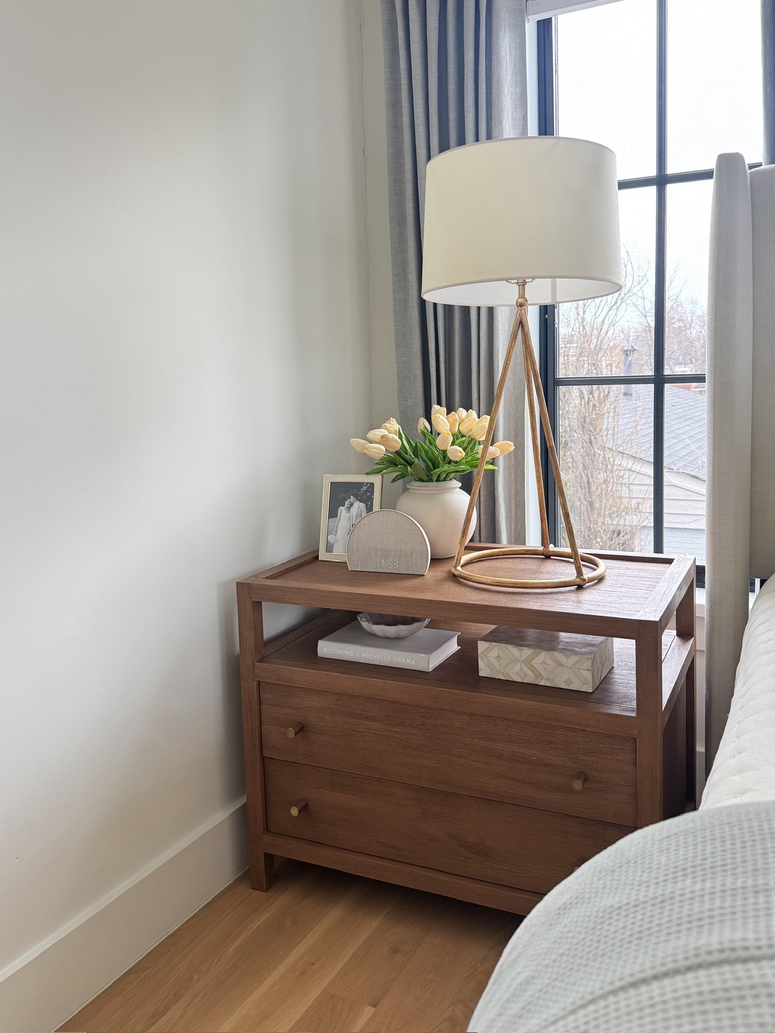 Acrylic and brass curtain rod. Linen curtains in mineral blue. Two drawer wood stand. Traditional brass table lamp. Stand styling. Nightstand. Upholstered bed in Zuma white. Amazon finds. White bedding.

#LTKdayinmylife #LTKmomlife #LTKHome