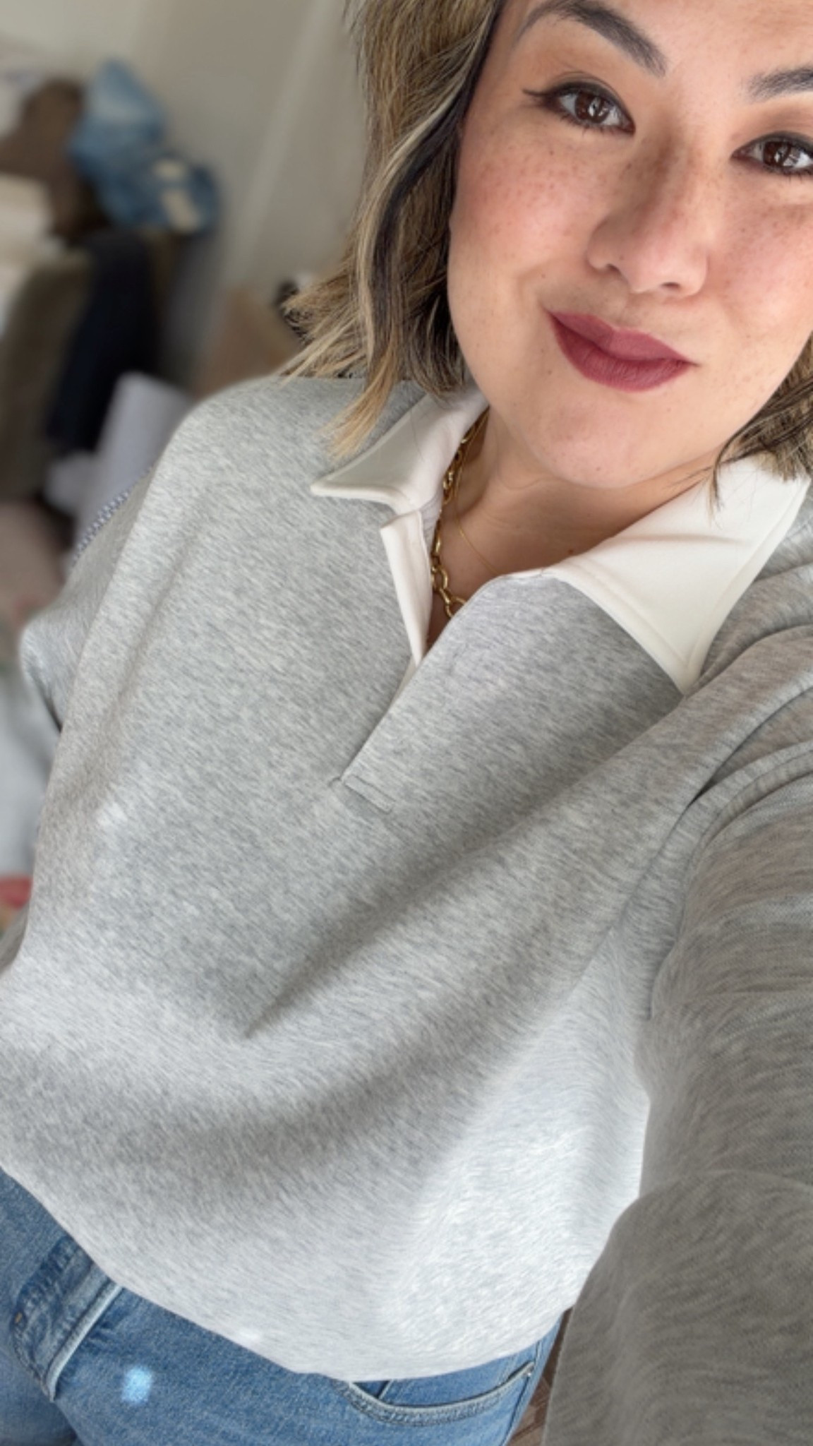 Kind of obsessed with this top! I did an online order a pick up in store because I have been loving these color block two tone polo sweatshirt/sweater combos. Unfortunately, this color combo is almost sold out, but I highly recommend you check your local stores because my store had almost every size available. I’m wearing those size large. I do feel like it runs slightly on the bigger side, however, I did not feel the need to sit down. 

I linked several alternative options just like this that are currently in stock.￼

#LTKOver40 #LTKootd #LTKMidsize