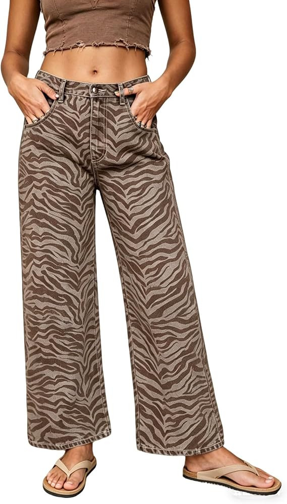 loveimgs Women Casual Wide Leg Printed Jeans Mid Rise Striped Denim Pants Flare Zebra Print Jeans... | Amazon (US)