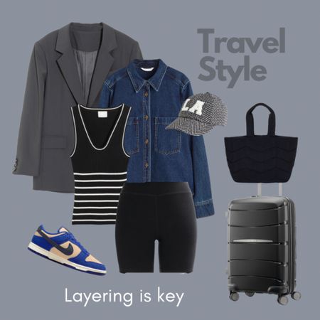 Travel style. Travel outfit. Oversized blazer. Biker shorts. Denim shirt. Sneakers. Nike. Carry on case. Baseball cap.

#LTKtravel #LTKFind #LTKstyletip