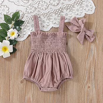 Newborn Baby Girl Bodysuit Sleeveless Halter Frill Romper One-piece Jumpsuit with Headband Summer... | Amazon (US)