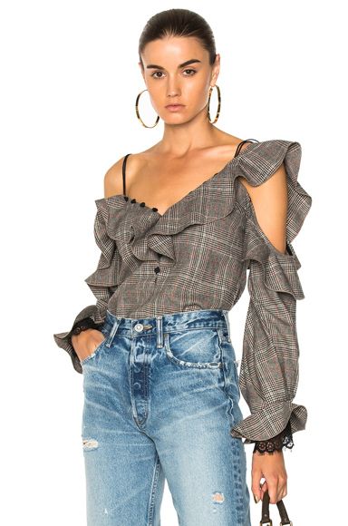 self-portrait Wool Check Off Shoulder Frill Top in Checkered & Plaid, Neutrals. - size 0 (also in 10) | FORWARD by elyse walker