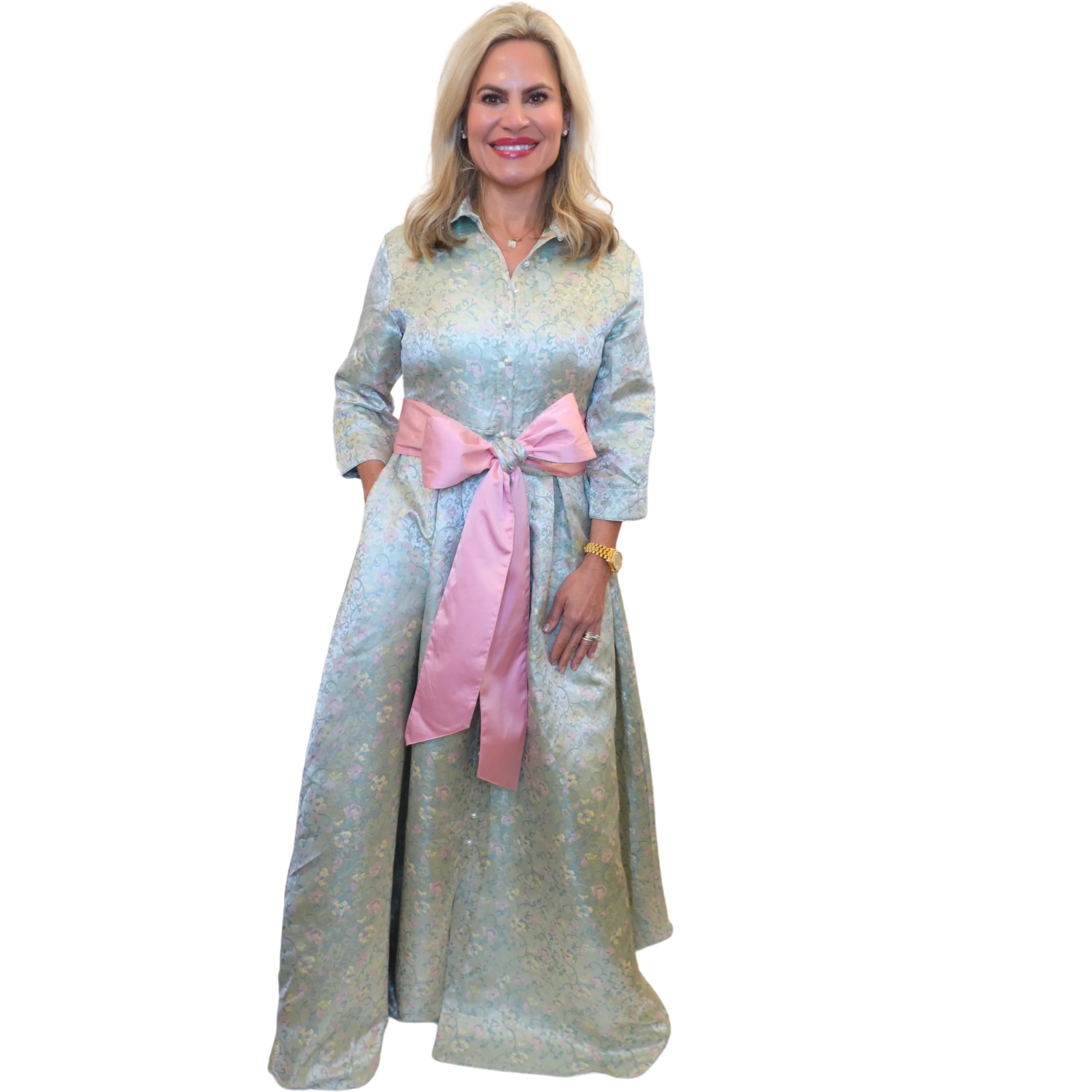 Gloria Dress – Mint Floral A-Line Mother of the Bride Dress with Pearl Buttons | Kim Lolley Designs