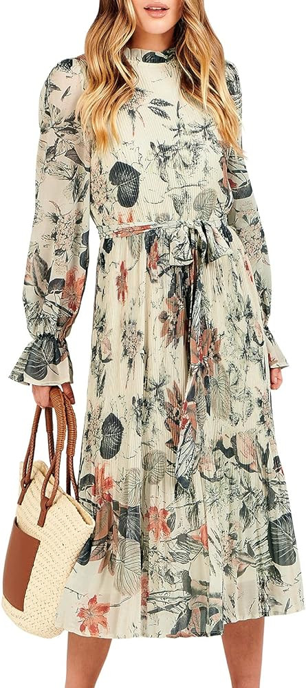 ANRABESS Women's Floral Chiffon Midi Dress Puff Long Sleeve Mock Neck Summer Wedding Guest Party ... | Amazon (US)
