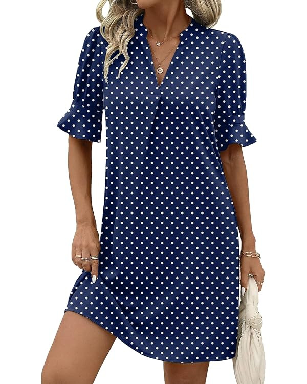 Zeagoo Summer Dresses for Women 2026 V Neck Ruffle Sleeve Loose Shift Dress Hawaiian Sundress Bea... | Amazon (US)