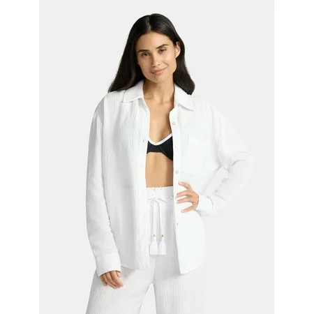 Time and Tru Women's and Women's Plus Cotton Button Up Coverup Shirt, Sizes XS-3X | Walmart (US)