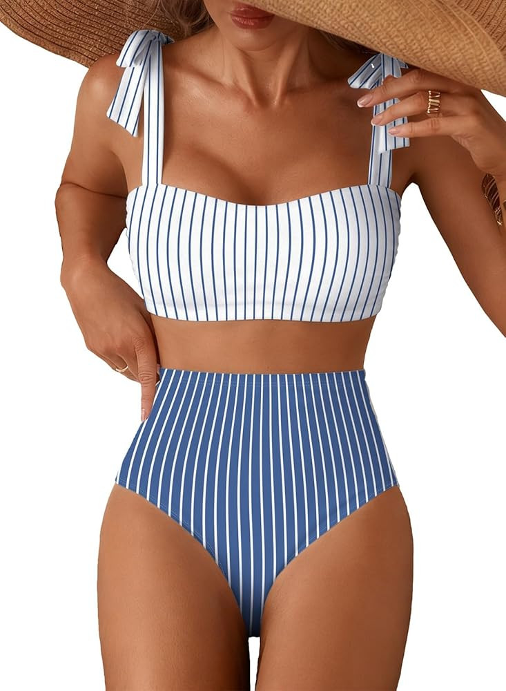 Herseas Women's Tie Shoulder Bikini Sets 2 Piece Striped Swimsuits High Waisted Bathing Suits | Amazon (US)