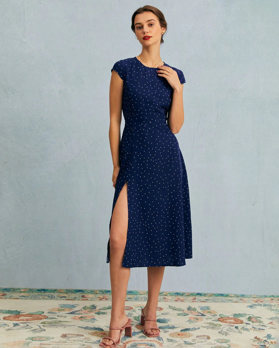 The Navy Round Neck Polka Dot Cutout Midi Dress | rihoas.com