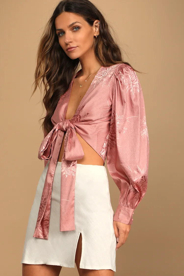 Highly Iconic Rose Pink Satin Jacquard Tie-Front Crop Top | Lulus (US)