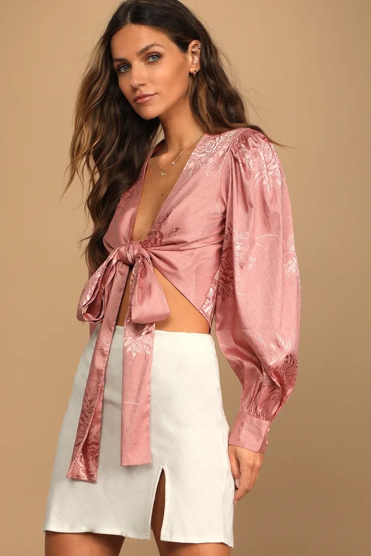 Highly Iconic Rose Pink Satin Jacquard Tie-Front Crop Top | Lulus (US)