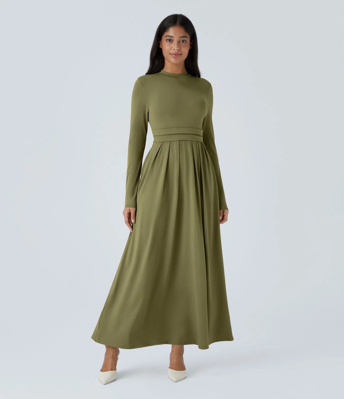 Damen Plissiertes, ausgestelltes Maxi-Freizeitkleid mit Stehkragen, Seitentaschen und langen Ärm... | Halara - DE