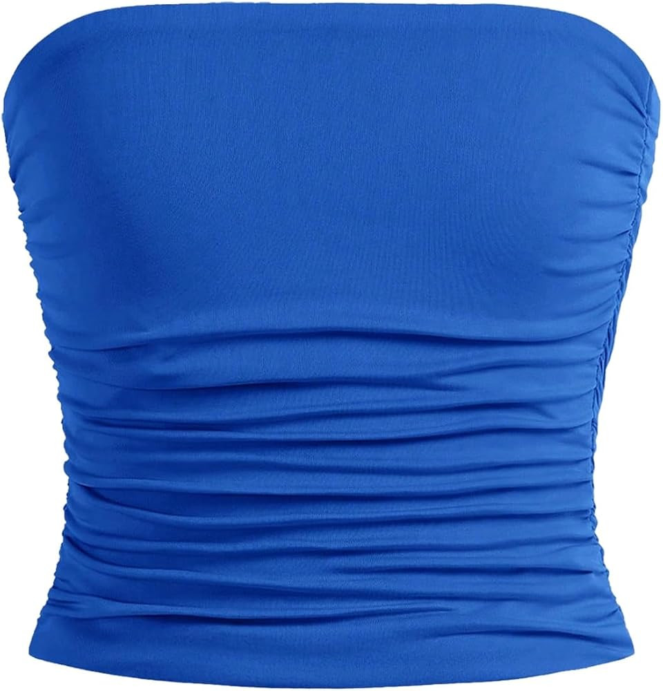 OYOANGLE Girl's Strapless Tube Top Ribbed Knit Ruched Cropped Bandeau Cute Summer Tops | Amazon (US)