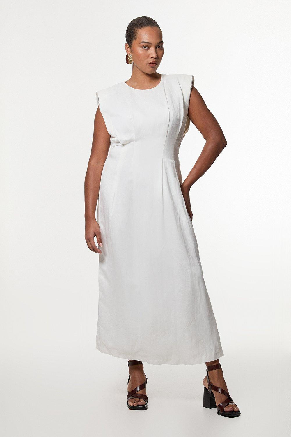 Plus Size Viscose Linen Woven Pintuck Midi Dress | Karen Millen UK + IE + DE + NL