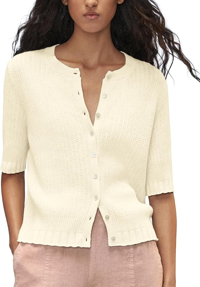 Womens Knit Cardigan Half Sleeve Lightweight Ribbed Cardigan Open Front Button Down Round Neck Ca... | Amazon (US)