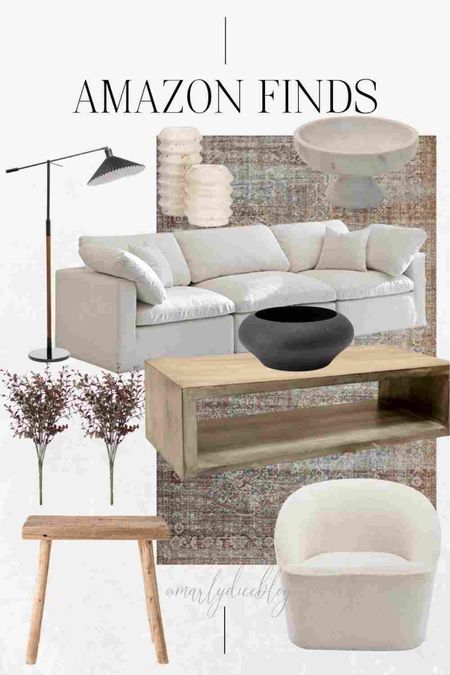 Amazon finds, white sectional, wood rectangle coffee table, white accent chair, floor lamp, Loloi rug 

#LTKhome #LTKSeasonal #LTKsalealert